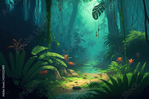 Coniferous trees in a tropical jungle. Moderately Realistic Creative Digital CG Artwork, Concept Illustration, and Scene Design for Video Games in a Photorealistic, Animated Style Generative AI photo