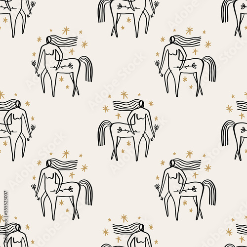 Sagittarius Zodiac kentaurus boho vector artistic abstract modern seamless pattern, sacred stellar minimalist artisan hand drawn silhouette, mystical spell moon aesthetics bohemian hippie concept