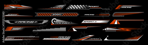 Sport car decal stripes. Car tuning stickers, speed racing stripes. Red markings for transport. Isolated on black background photo