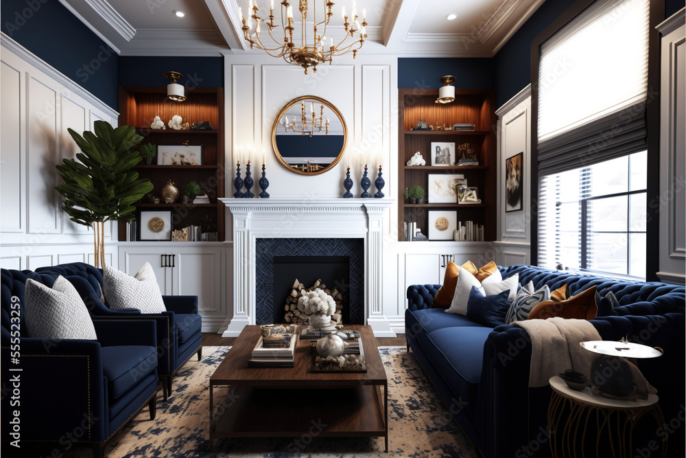 modern living room with fireplace, navy blue and white, mock up, AI generated Stock Illustration ...