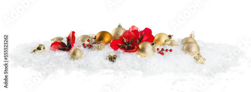 Fototapeta Naklejka Na Ścianę i Meble -  Christmas toys  in snow on white