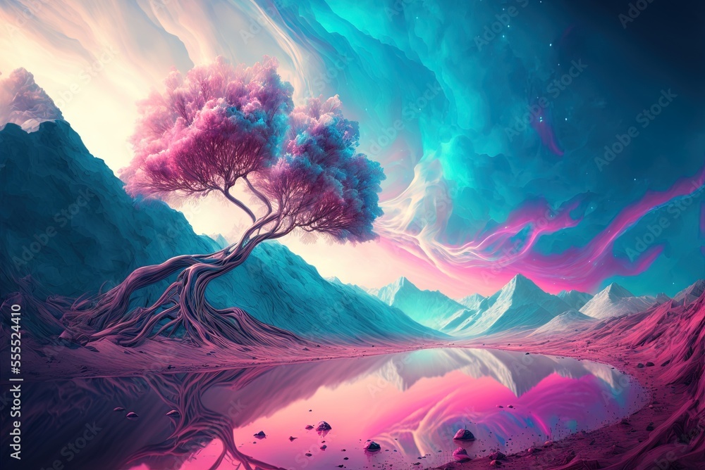 Colorful dreamscape with pinks and blues. A painting of the future ...