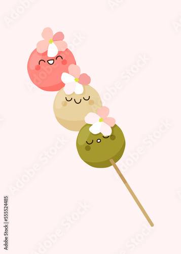 Dango characters on stick vector illustration. Hanami dango traditional Japanese dessert. Rice dumplings on spit decorated with sakura flowers