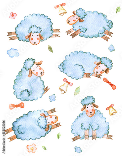 A set of 6 funny sheep. Picture with the image of sheep. Isolated animals on a white background.
