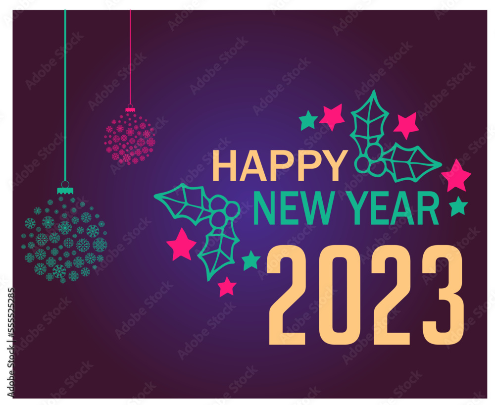 Happy New Year 2023 Holiday Abstract Vector Illustration Design Green And Yellow With Purple Background