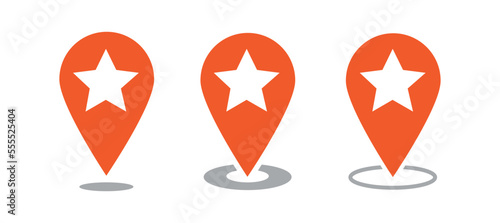 Favorite place map pointer icon. Set map icons pin with star icon. Map pointer with star icon.