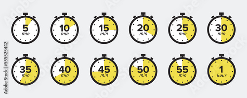 Timer, clock, stopwatch isolated set icons with different time. Countdown timer symbol icon set. Sport clock with red colored time meaning. Label cooking symbols. Stopwatch signs. 10 EPS.