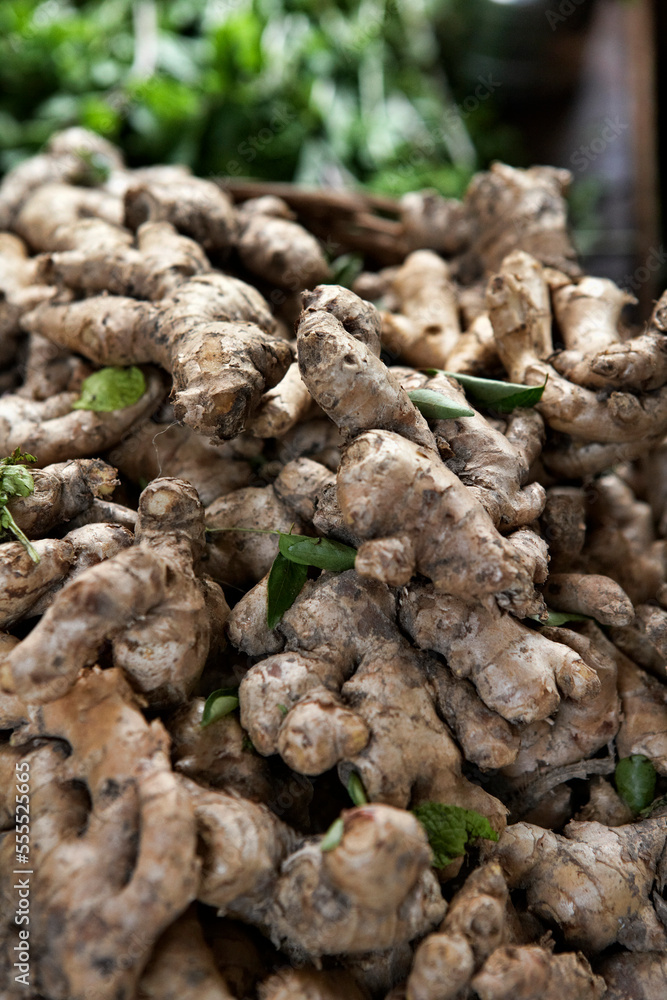 Fresh Ginger and Curry Leaves at Market, India Fresh Ginger and Curry Leaves at Market, India