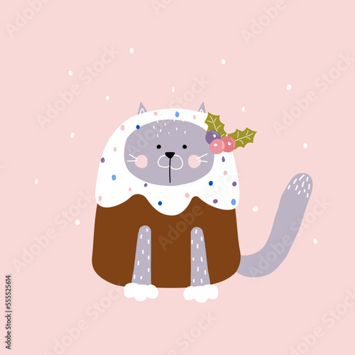 Funny cat holiday cake. Childish graphic for poster or print. Vector hand drawn illustration.