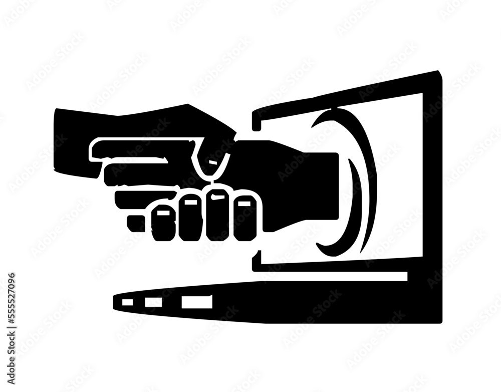 2 people hands shaking through computer monitor, handshake, hand shake, symbol and sign of
