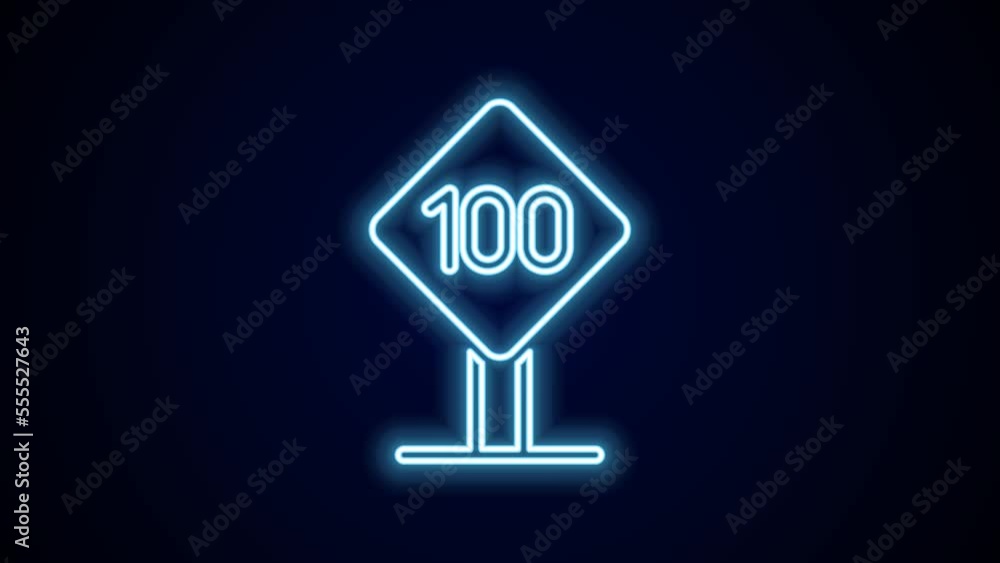 Glowing neon line Speed limit traffic sign 100 km icon isolated on black background. 4K Video motion graphic animation Glowing neon line Speed limit traffic sign 100 km icon isolated on black background. 4K Video motion graphic animation