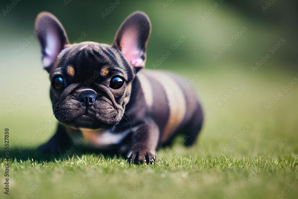 little cute french bulldog puppy sitting on a green meadow, generative ai