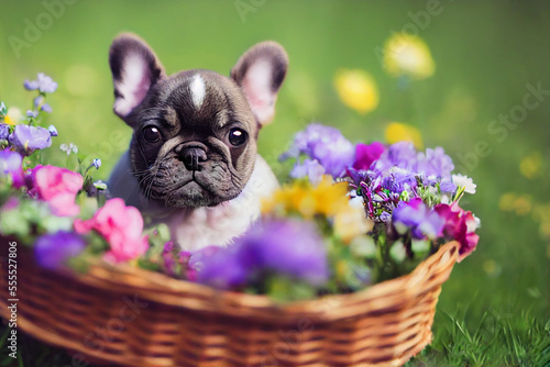 little cute french bulldog puppy sitting in a wicker basket with colorful flowers in a colorful meadow, generative ai