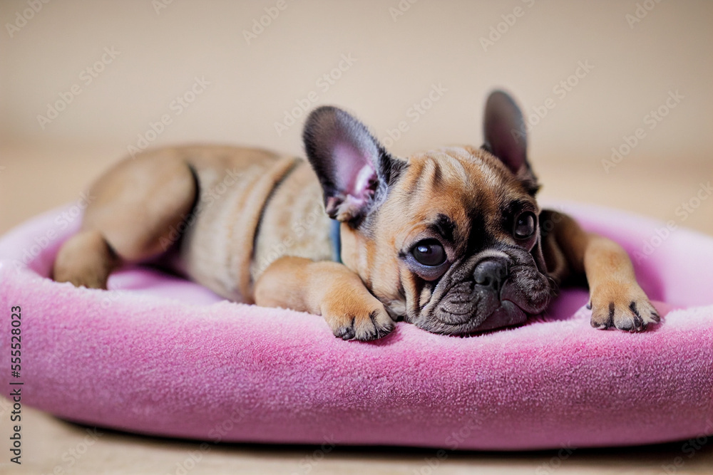cute french bulldog dog is lying on a pink dog bed, generative AI