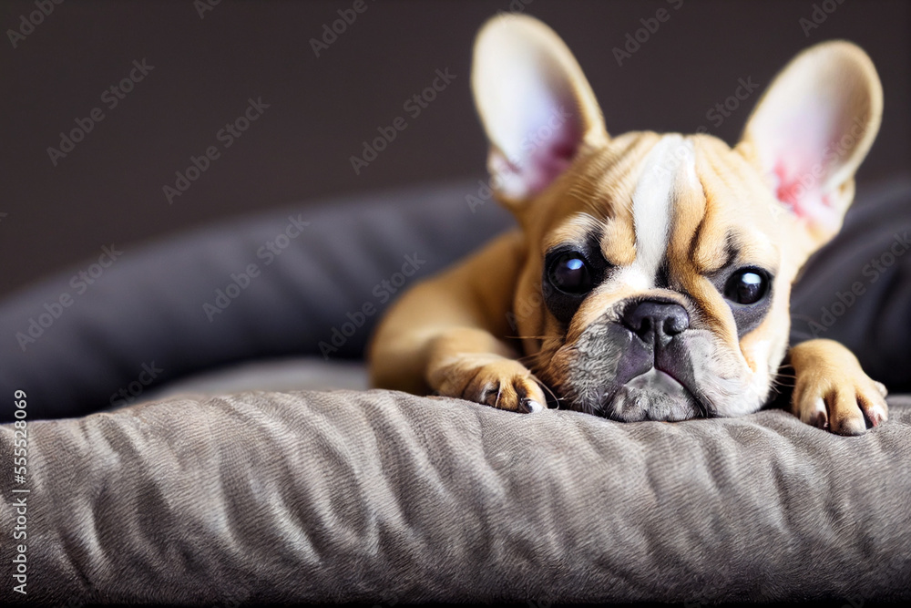 little french bulldog puppy lies on a gray dog bed, generative AI