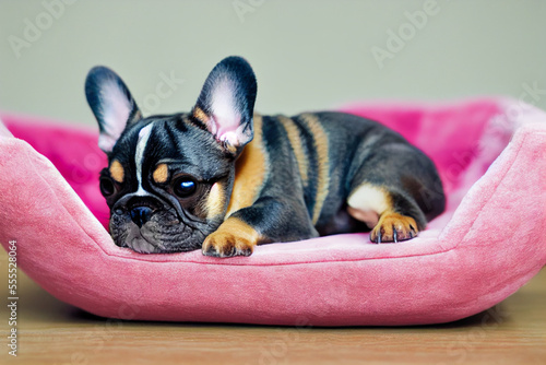 cute french bulldog dog is lying on a pink dog bed, generative AI