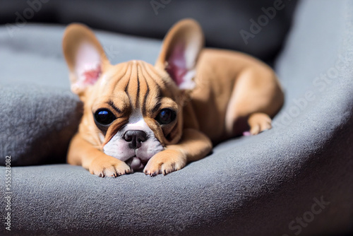 little french bulldog puppy lies on a gray dog bed  generative AI