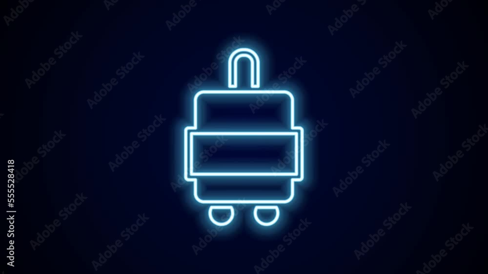 Glowing neon line Suitcase for travel icon isolated on black background. Traveling baggage sign. Travel luggage icon. 4K Video motion graphic animation Glowing neon line Suitcase for travel icon isolated on black background. Traveling baggage sign. Travel luggage icon. 4K Video motion graphic animation