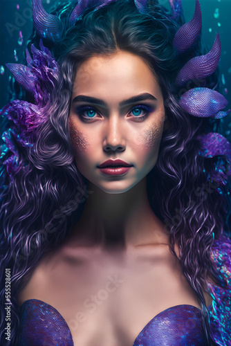 Close-up portrait of a beautiful mermaid with long wavy purple hair. Generative AI illustration of a fictional woman