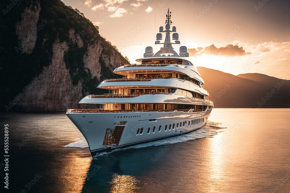 A luxury mega yacht with golden glass in the ocean at a sunset, generative ai - obrazy, fototapety, plakaty 