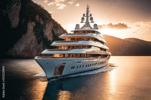 Fototapeta A luxury mega yacht with golden glass in the ocean at a sunset, generative ai