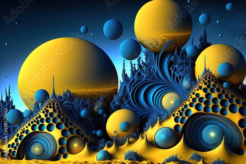 Fotografie, Obraz Bizarre fractal scene with glowing orbs and spirals in blue and yellow