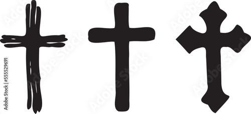 Grunge hand drawn cross symbols set. Christian crosses, religious signs icons, crucifix symbol vector illustration. Silhouettes