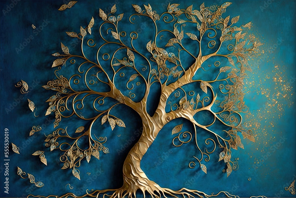 Curly gold leaves on a blue tree trunk. Due of the changing surface ...