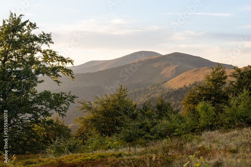 Landscape without people. Mountain trail with a view of the autumn mountains of the Ukrainian Carpathians