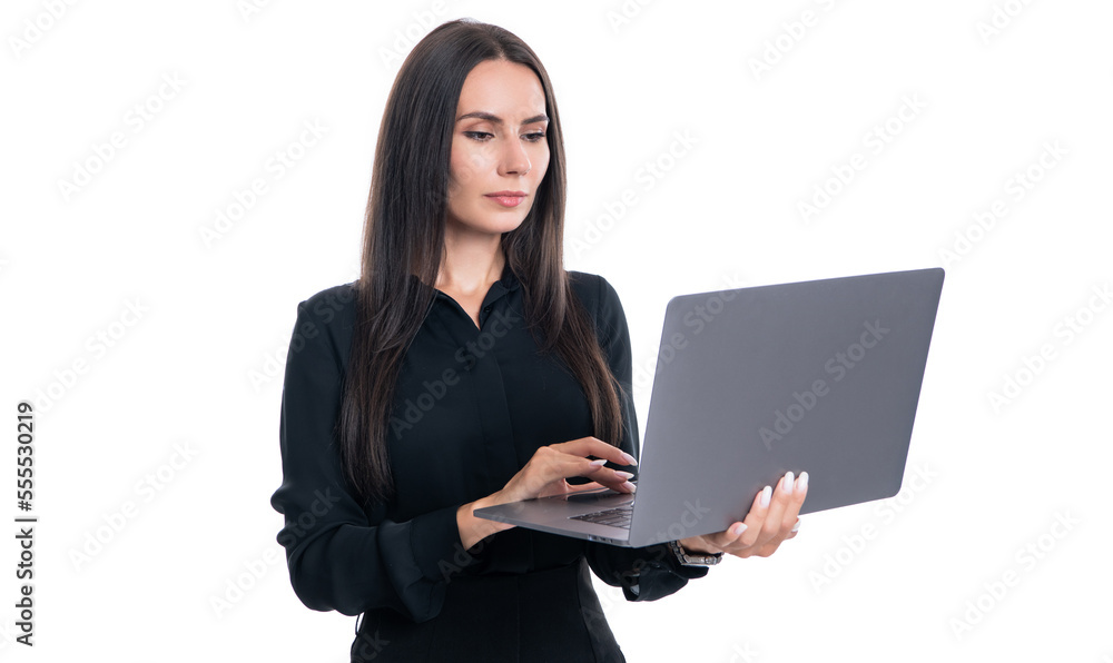 Serious businesswoman using laptop computer for online business studio isolated on white Serious businesswoman using laptop computer for online business studio isolated on white