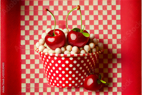 Fresh cherries on a red and...