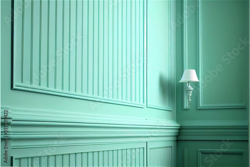 Mint green lacquered wall with wainscoting ideal for backgrounds