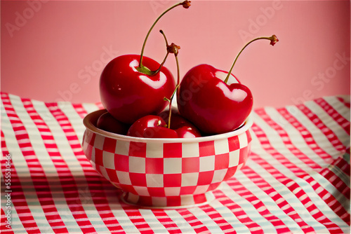 Fresh cherries on a red and...