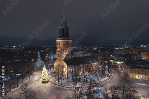 Aerial view of Turku Cathedral in Finland and the tall Christmas tree that decorates its courtyard every year. Turku Cathedral is medieval basilica which originally built in the late 13th century.