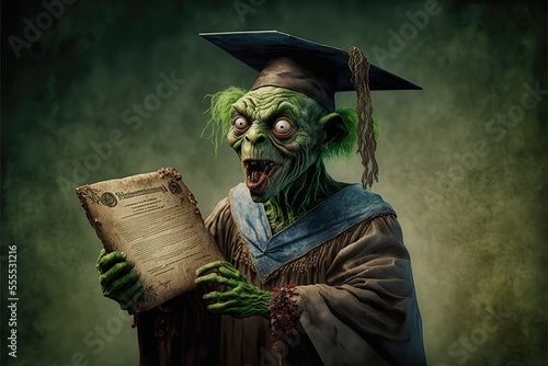 Generative AI digital art of a student zombie in graduation gown as student loan debt concept photo