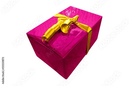 Beautiful pink gift package, wrapped in glossy paper and gold bow and cropped for image montages.