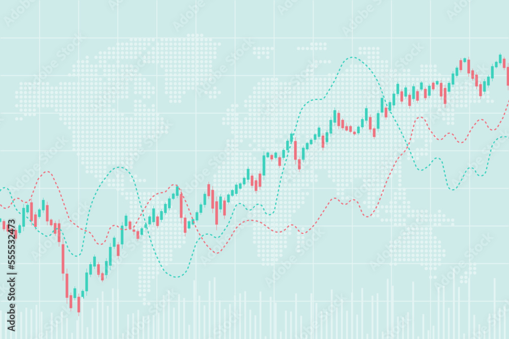 Candlestick chart, line graph and bar chart. World stock market index graph
