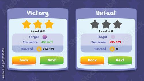 Victory and defeat pop up assets award with stars for game. Set of user interface GUI to build 2D games. Can be used in mobile or web or video games. Vector illustration