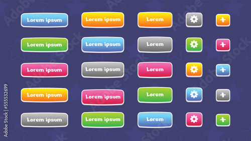 GUI Kit casual Assets for a game mobile phone. Set of buttons with different colors and shapes for game and app design. Vector UI objects. Vector illustration