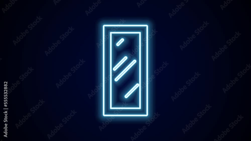 Glowing neon line Big full length mirror for bedroom, shops, backstage icon isolated on black background. 4K Video motion graphic animation Glowing neon line Big full length mirror for bedroom, shops, backstage icon isolated on black background. 4K Video motion graphic animation