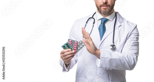 contraindication to pills. doctor with contraindication gesture.