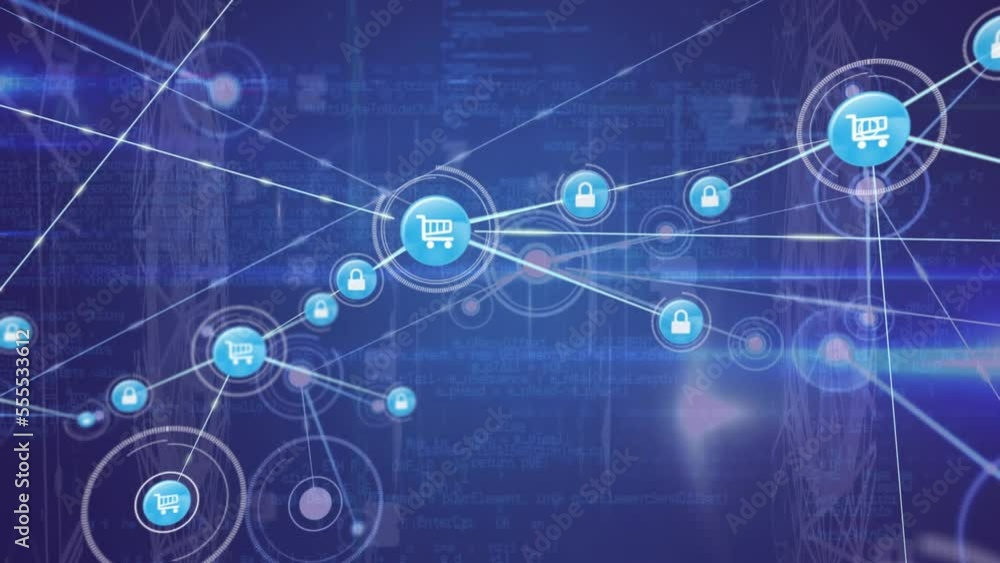 Animation of connected icons, dots forming globes and computer language on blue background Animation of connected icons, dots forming globes and computer language on blue background