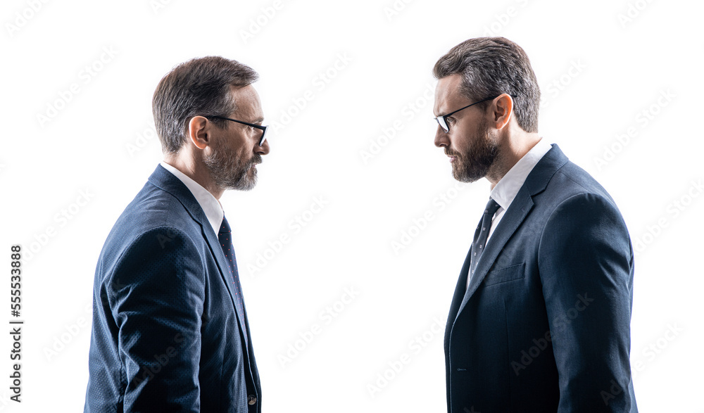 conflict of two businessmen isolated on white studio background. businessmen having conflict conflict of two businessmen isolated on white studio background. businessmen having conflict