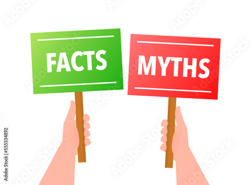 Facts vs myths, fact-checking. Check mark. Fake news. Rumors comparing with true information. Facts vs myths label.