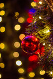 Close up of balls on christmas tree. Bokeh background.New Year concept