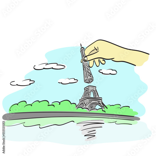 hand holding upper part of eifel tower illustration vector hand drawn isolated on white background line art.