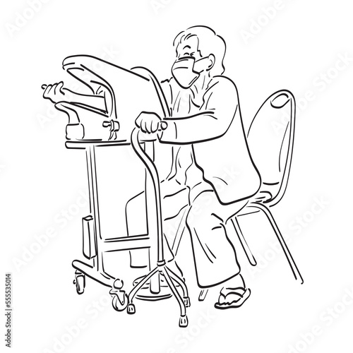 old woman checking the blood pressure and heart rate illustration vector hand drawn isolated on white background line art.