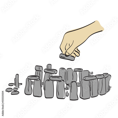 hand taking rock on stonehenge illustration vector hand drawn isolated on white background line art.