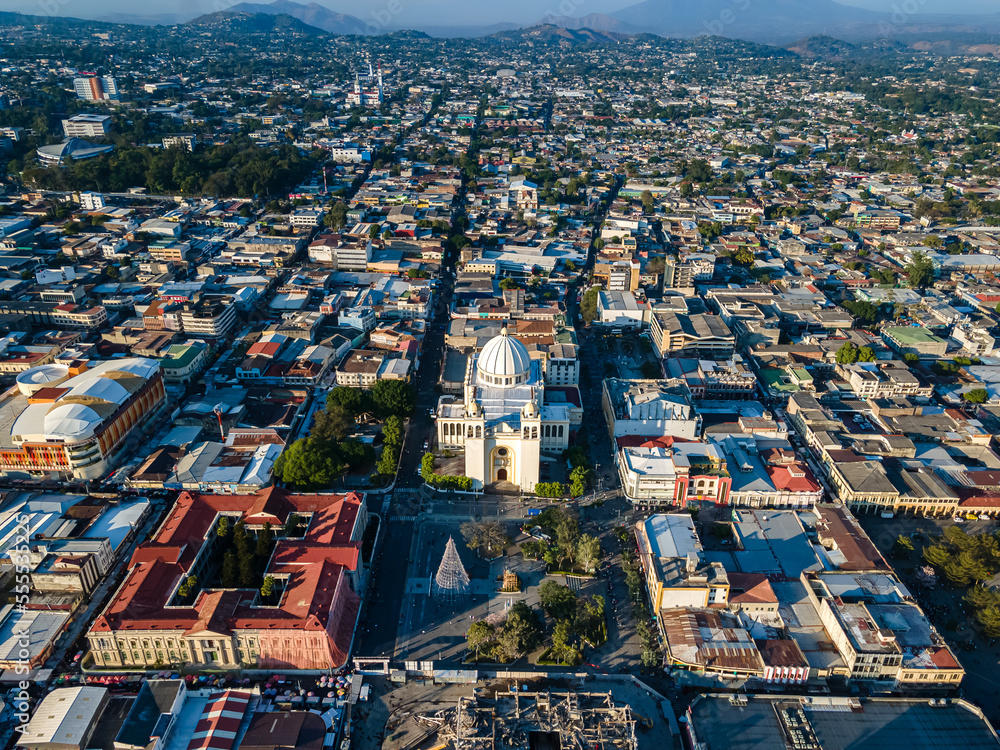 Fototapeta premium Beautiful aerial view of the City of San Salvador, capital of El Salvador - Its cathedrals and buildings