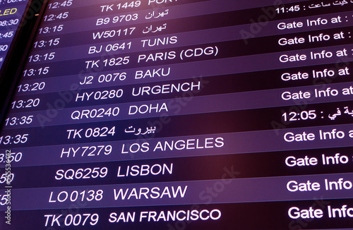 Display in international airport, info screen with flights and cities